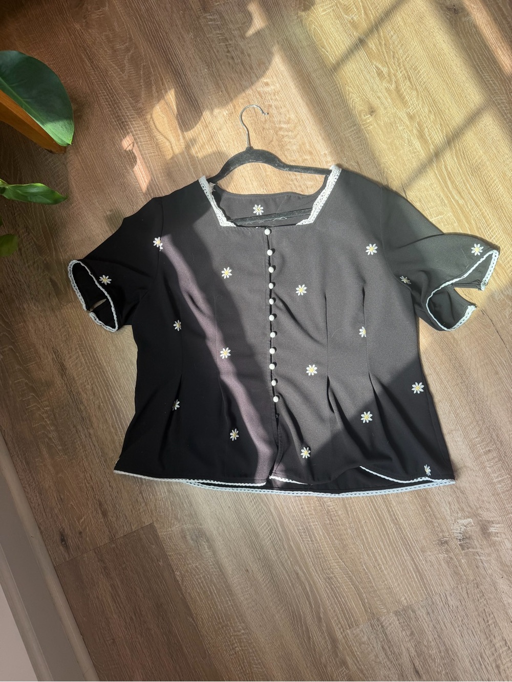 Black Daisy-Embroidered Button-Front Blouse